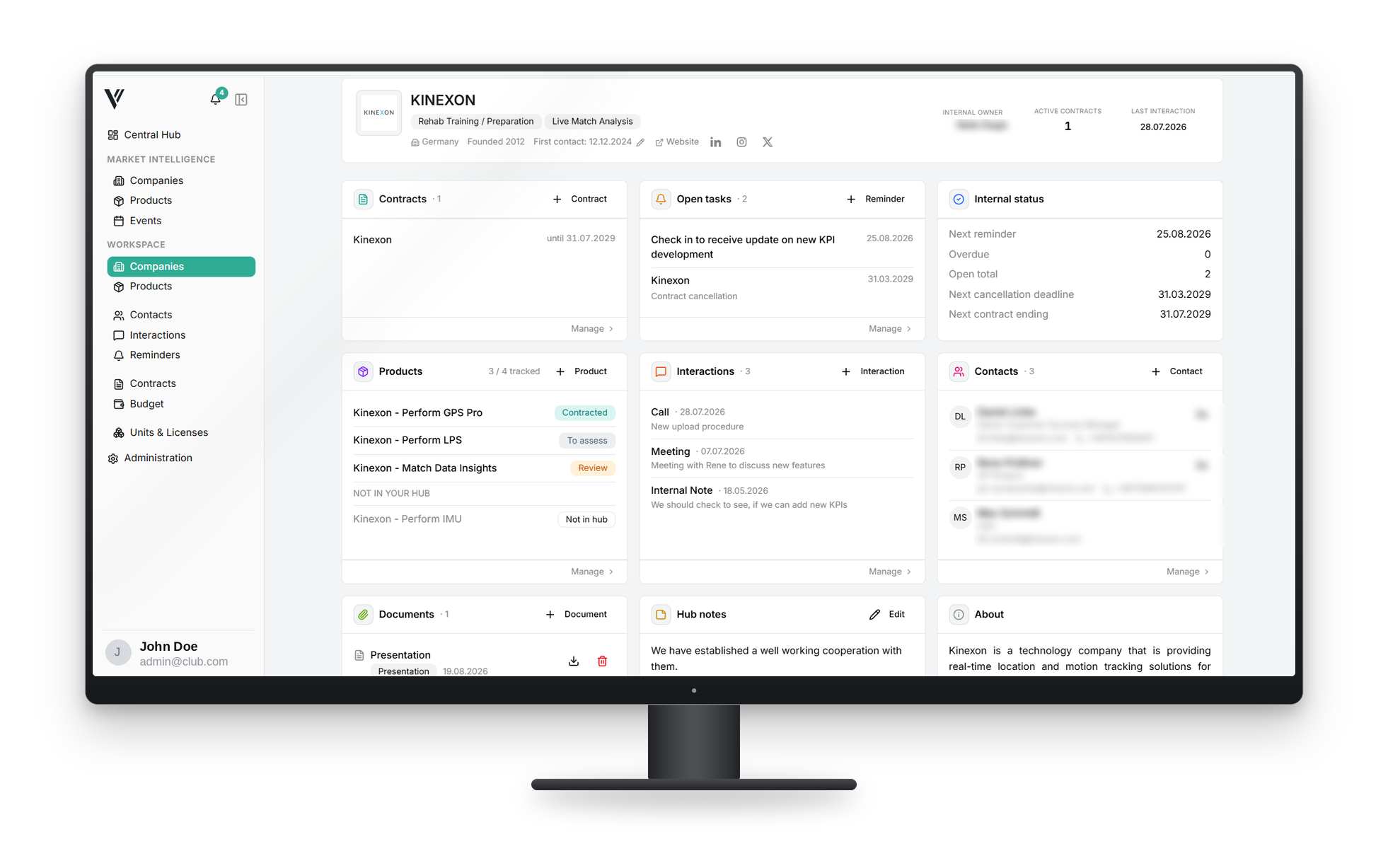 Company hub with documents and interactions in the Value 4 Sports platform