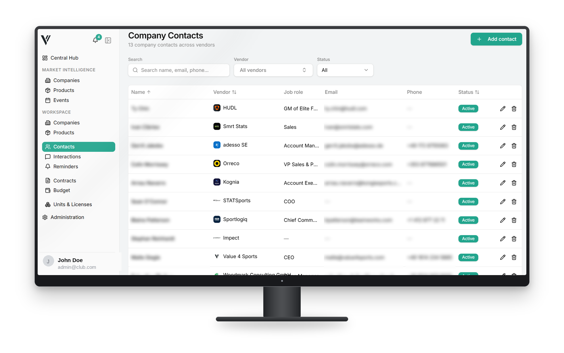 Company contacts overview in the Value 4 Sports platform