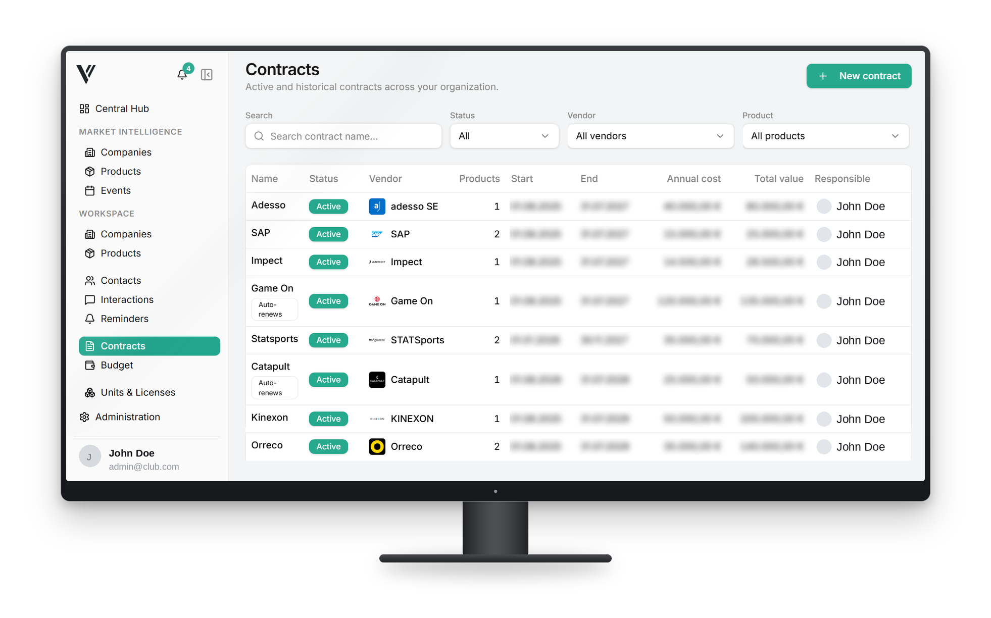 Contracts overview in the Value 4 Sports platform