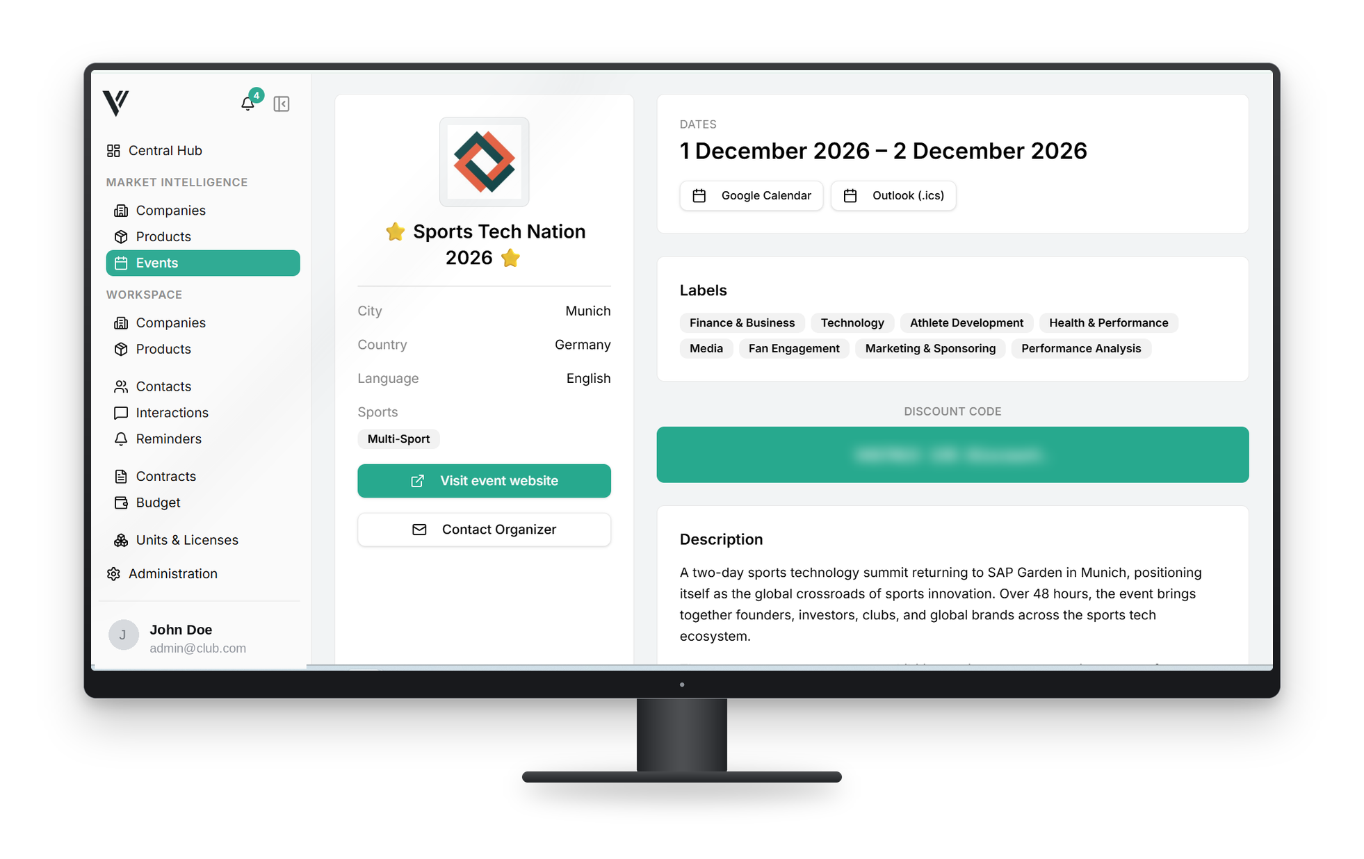 Event detail view in the Value 4 Sports Market Intelligence platform