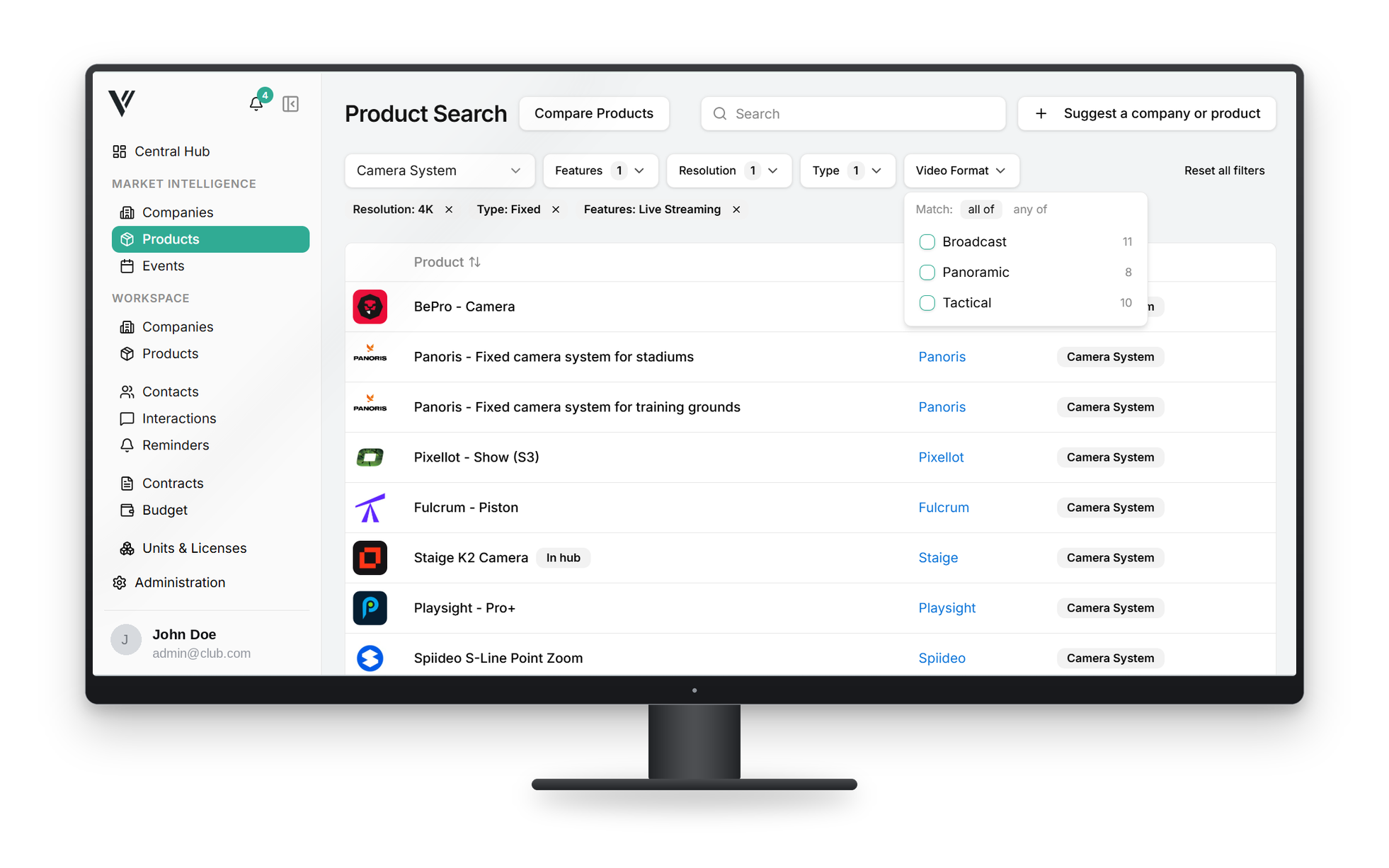 Product search in the Value 4 Sports Market Intelligence platform