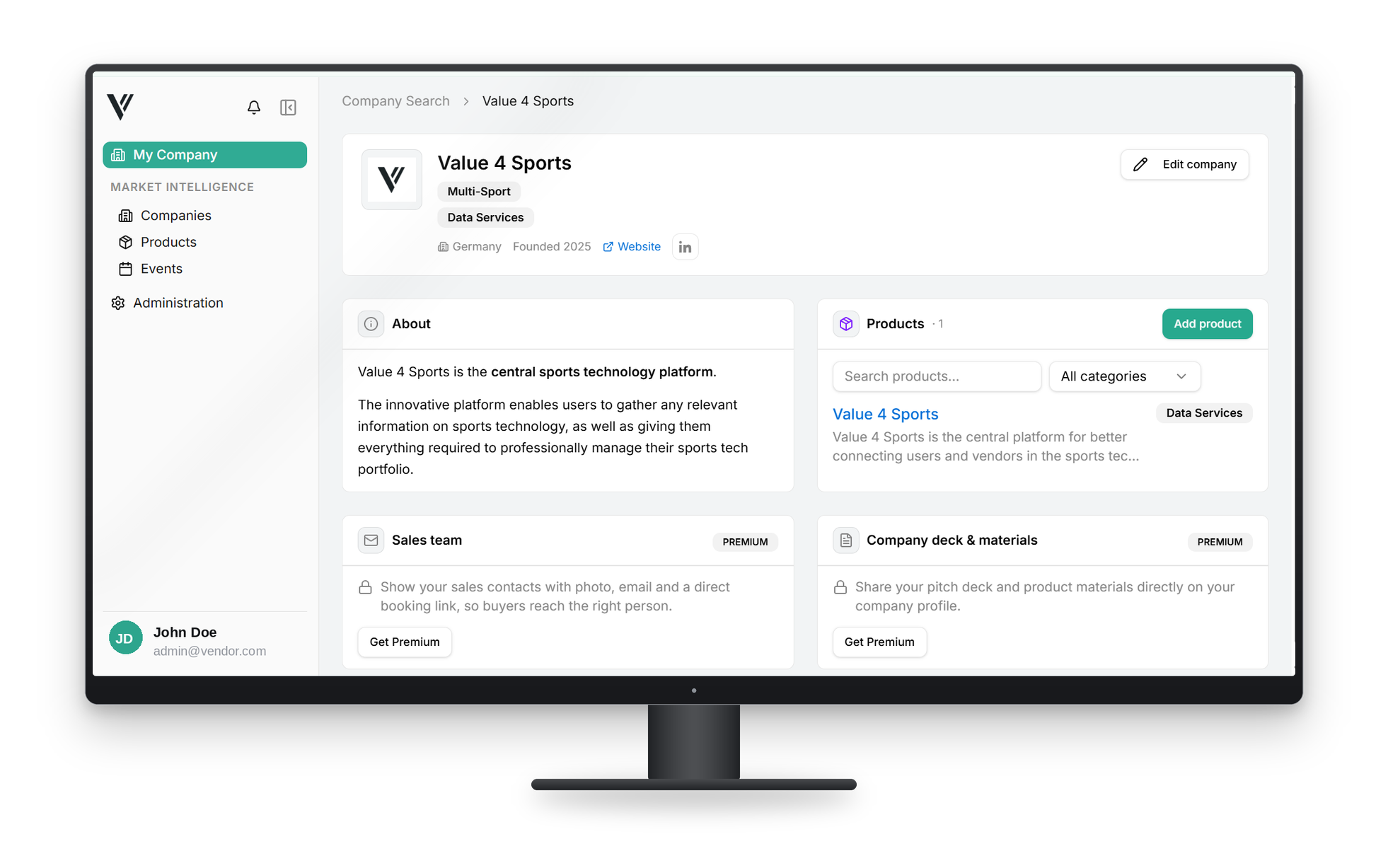 Company profile management in the Value 4 Sports platform