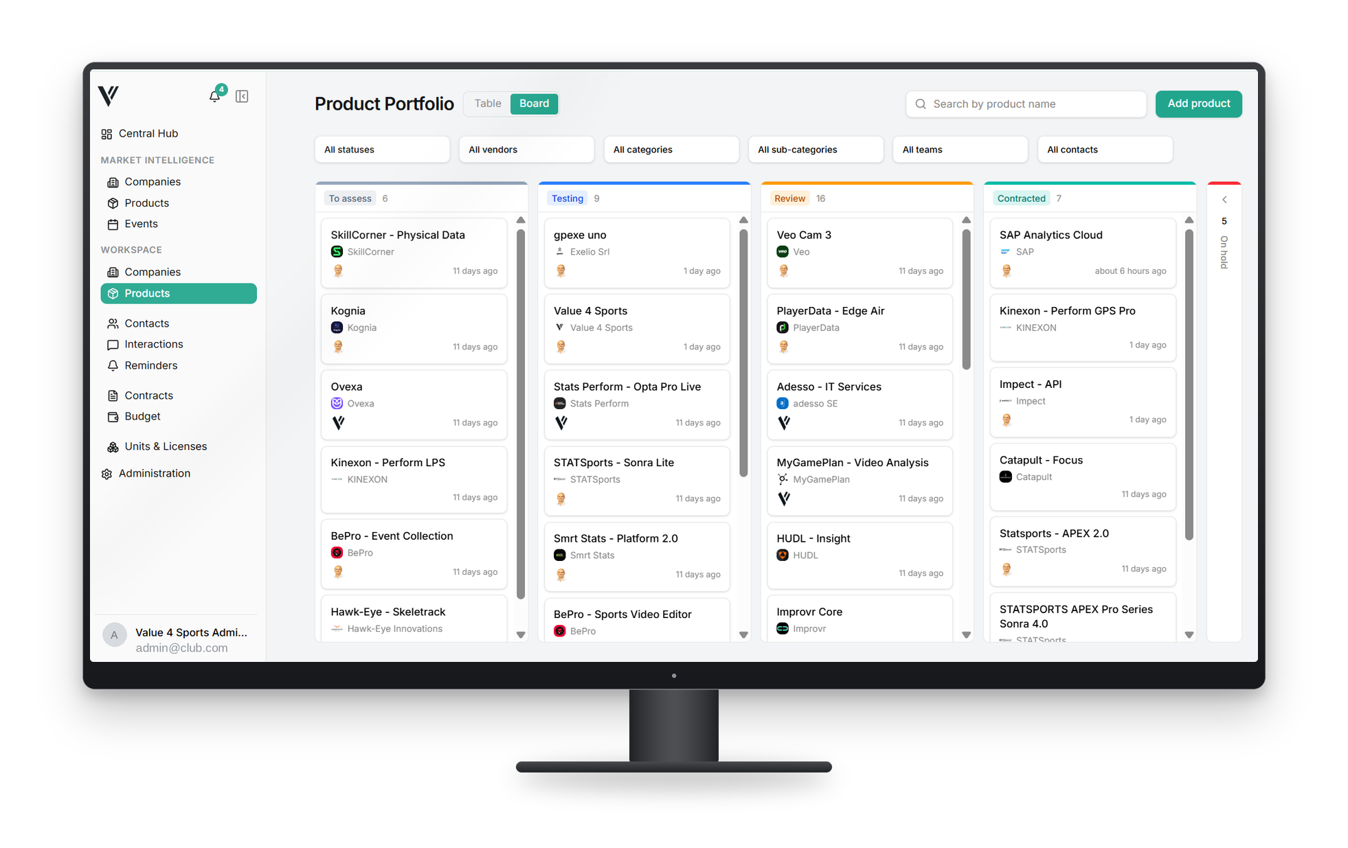 Product Portfolio board in the Value 4 Sports platform