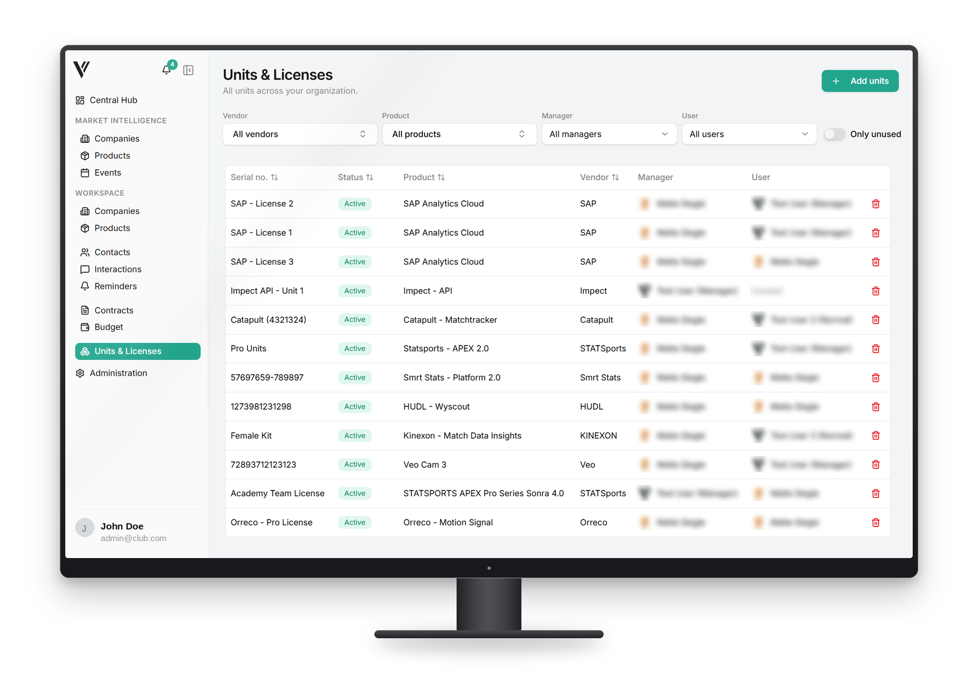 Units and licenses overview in the Value 4 Sports platform